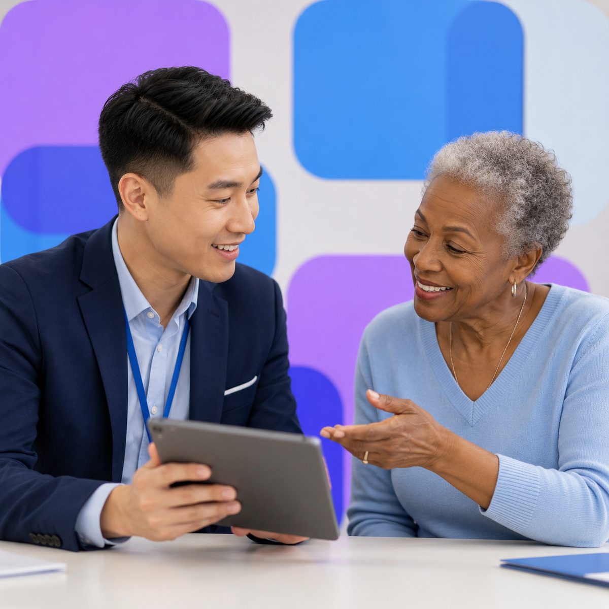 A staff member shares a tablet with an older customer at a branch desk.