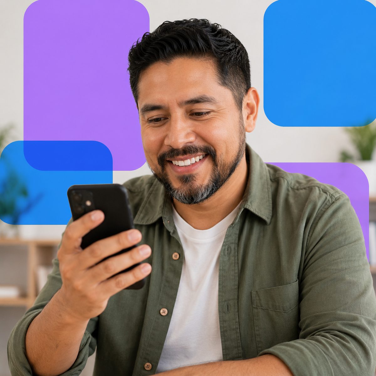 A customer smiles while reading their phone.